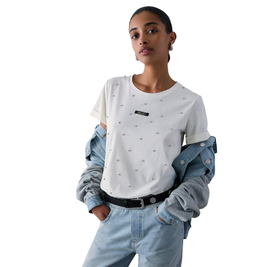 T-shirt Donna in cotone, con logo frontale e strass