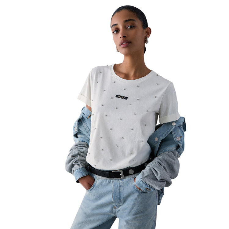T-shirt Donna in cotone, con logo frontale e strass