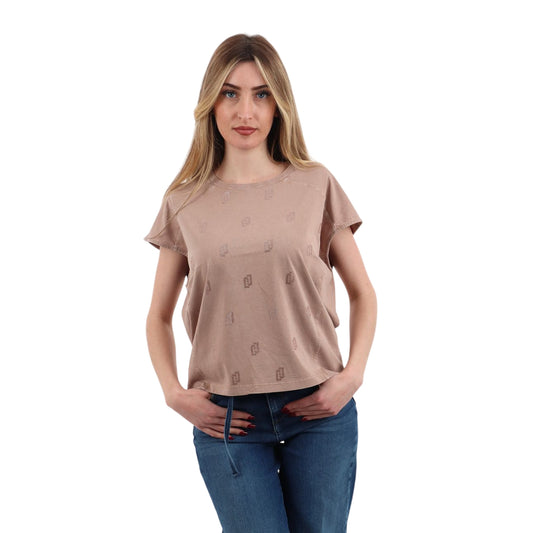 T-shirt marrone chiaro con piccoli loghi luminosi