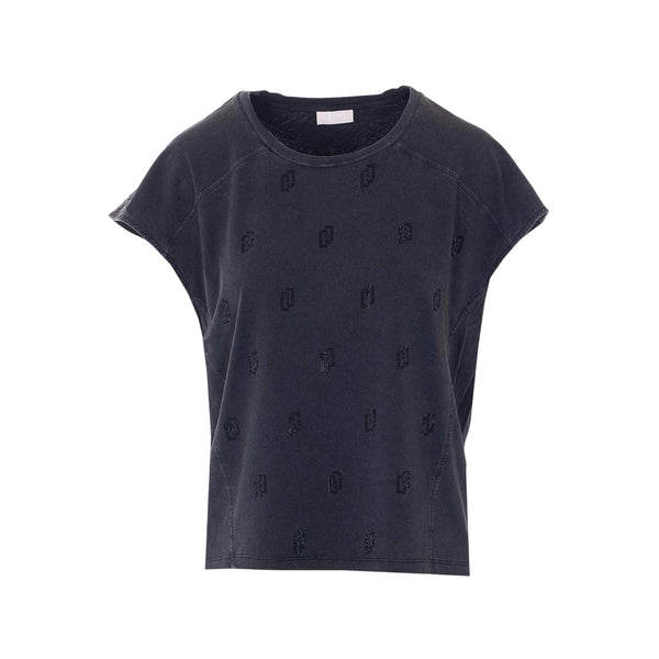 T-shirt nera con scollo a giro con strass