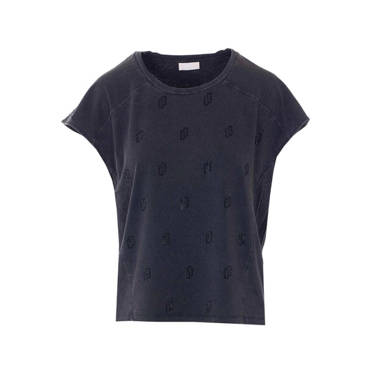 T-shirt nera con scollo a giro con strass