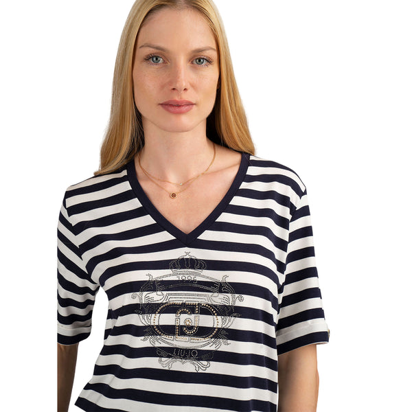 T-shirt a righe blu e bianche con scollo a V