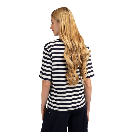 T-shirt a righe blu e bianche con scollo a V