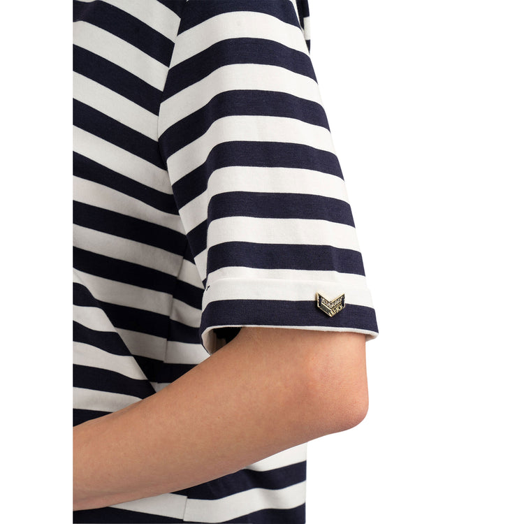 T-shirt a righe blu e bianche con scollo a V