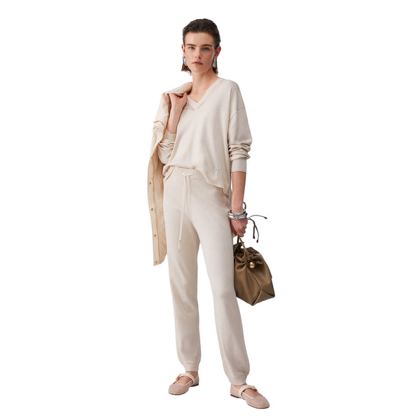 Maglia da Donna chamapgne con scollo a V a maniche lunghe