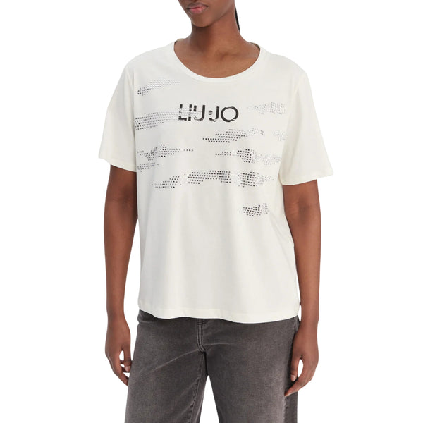 T-shirt Donna Bianca, con strass, a girocollo