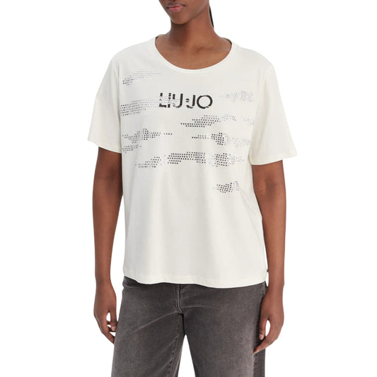 T-shirt Donna Bianca, con strass, a girocollo