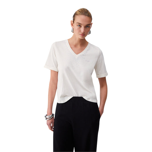 T-shirt Donna con scollo a V e strass modella frontale