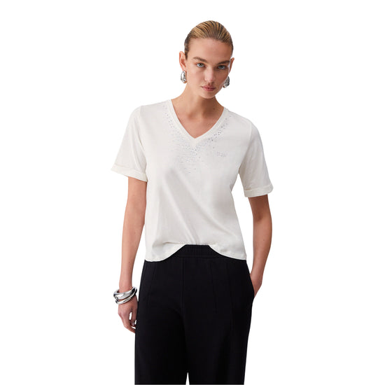 T-shirt Donna con scollo a V e strass modella frontale