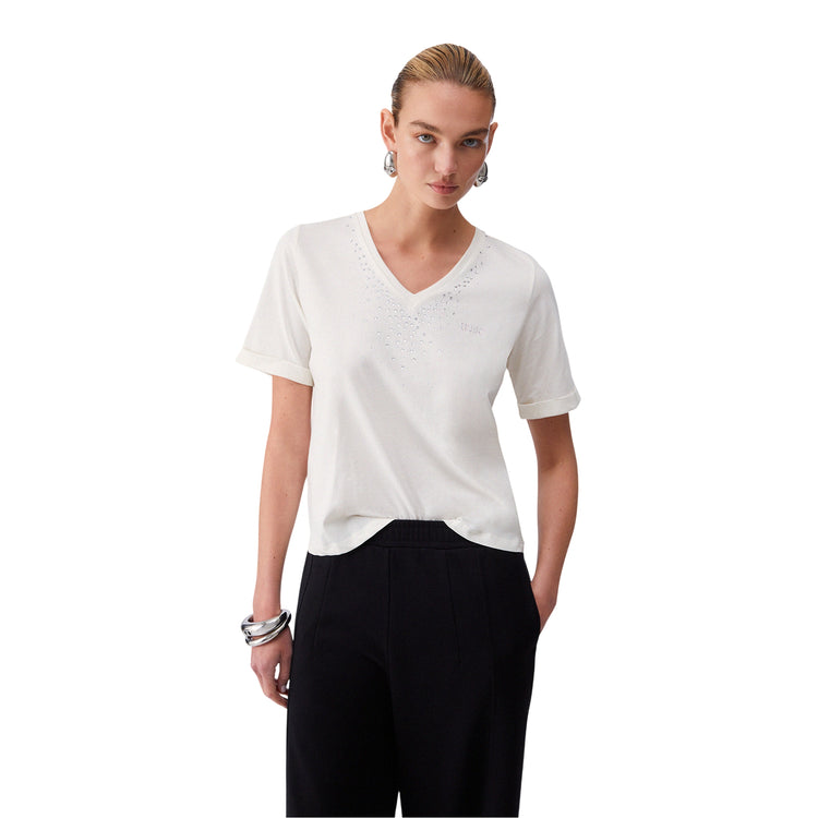 T-shirt Donna con scollo a V e strass modella frontale