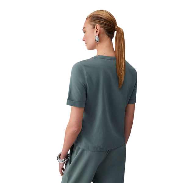 T-shirt verde militare scollo a V con strass