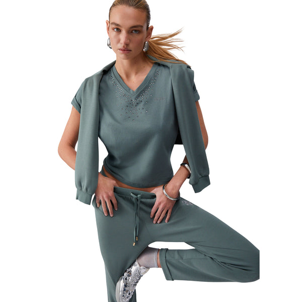 T-shirt verde militare scollo a V con strass