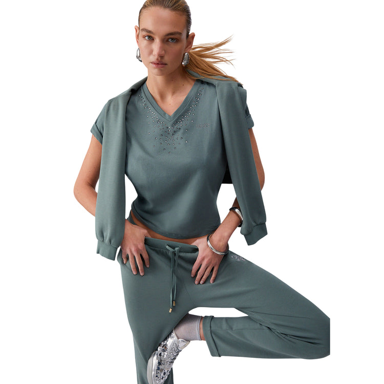 T-shirt verde militare scollo a V con strass