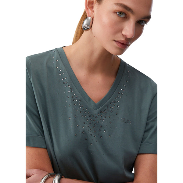 T-shirt verde militare scollo a V con strass