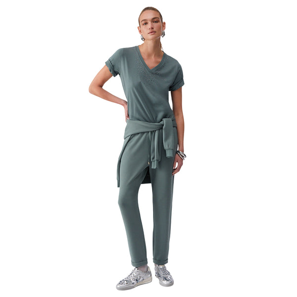 T-shirt verde militare scollo a V con strass