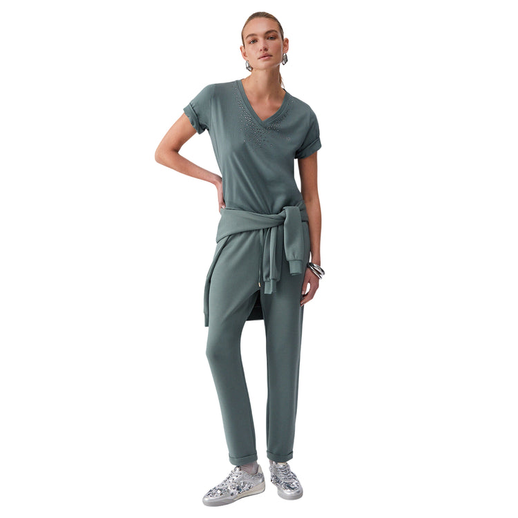 T-shirt verde militare scollo a V con strass