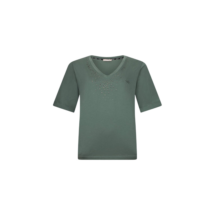 T-shirt verde militare scollo a V con strass