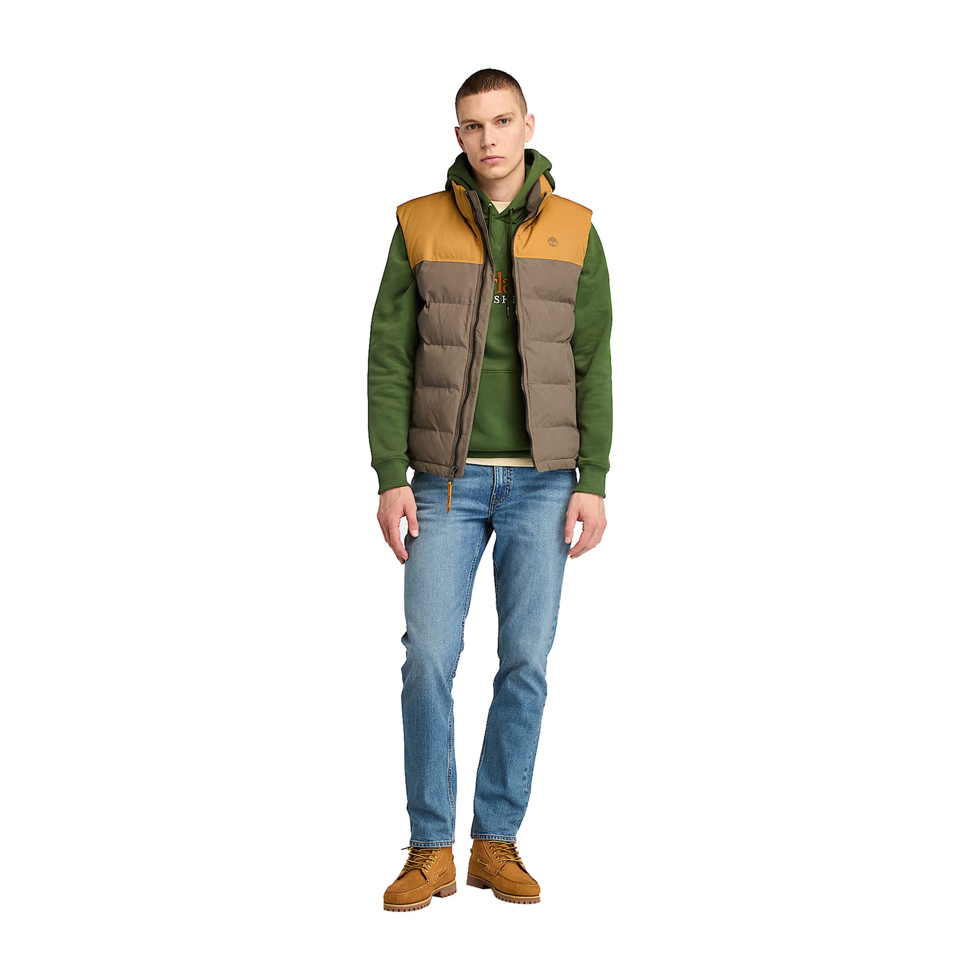 modello intero con Gilet Uomo Welch Mountain Imbottito  marrone e giallo