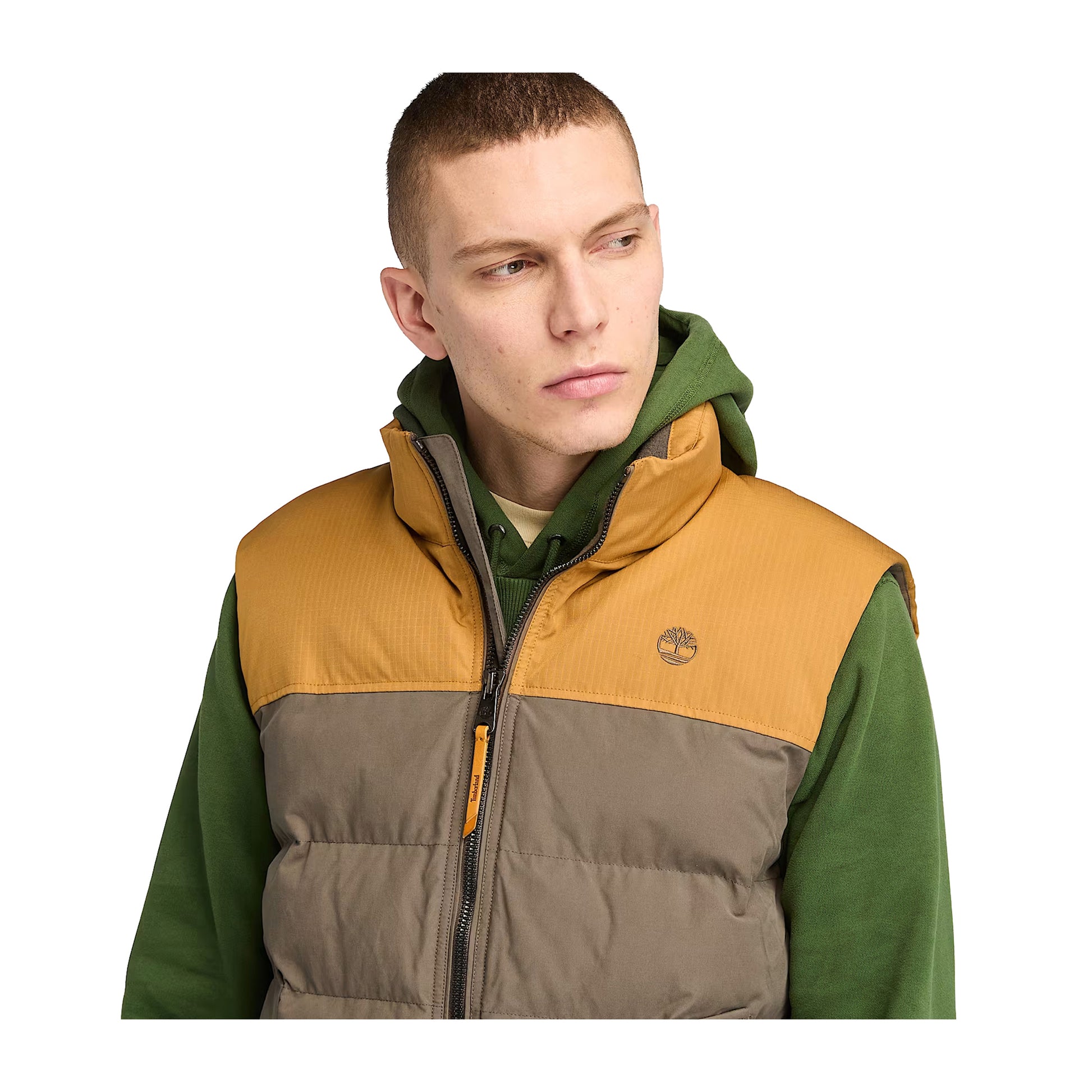 Gilet Uomo Welch Mountain Imbottito  marrone e giallo modello frontale ravvicinato
