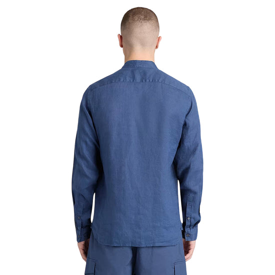 Camicia Uomo in lino Mill Brook colletto coreano Blu modello retro