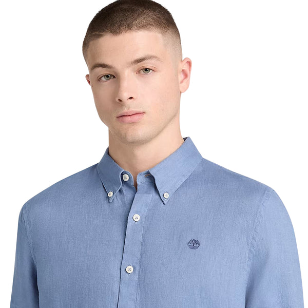 Camicia Uomo in lino Mill Brook Blu modello ravvicinato