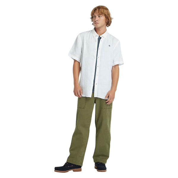 Camicia Uomo Maniche Corte in Lino Mill Brook Bianco modello frontale intero