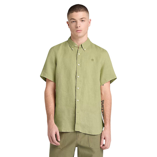 Camicia Uomo Mill Brook a manica corta in lino Verde chiaro modello frontale