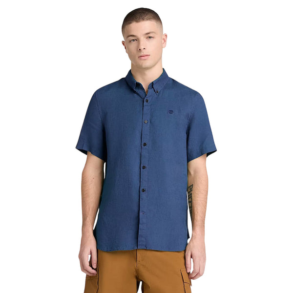 Camicia Uomo Mill Brook a manica corta in lino Blu modello frontale