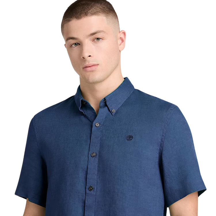 Camicia Uomo Mill Brook a manica corta in lino Blu dettaglio