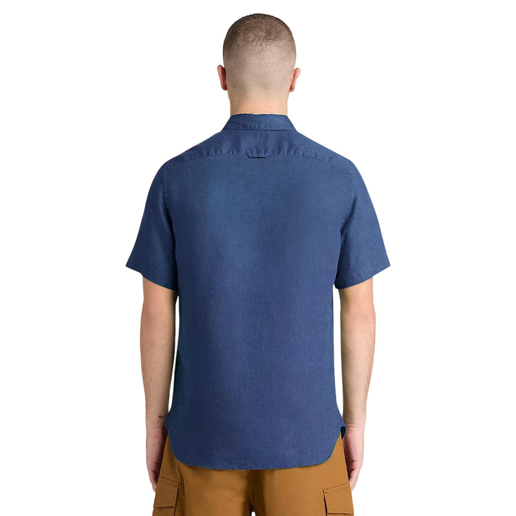 Camicia Uomo Mill Brook a manica corta in lino Blu modello retro
