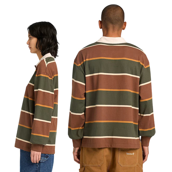 Polo a righe unisex verde scuro e marrone scuro