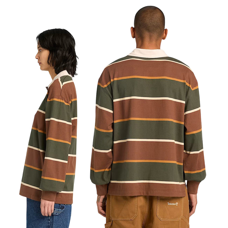 Polo a righe unisex verde scuro e marrone scuro