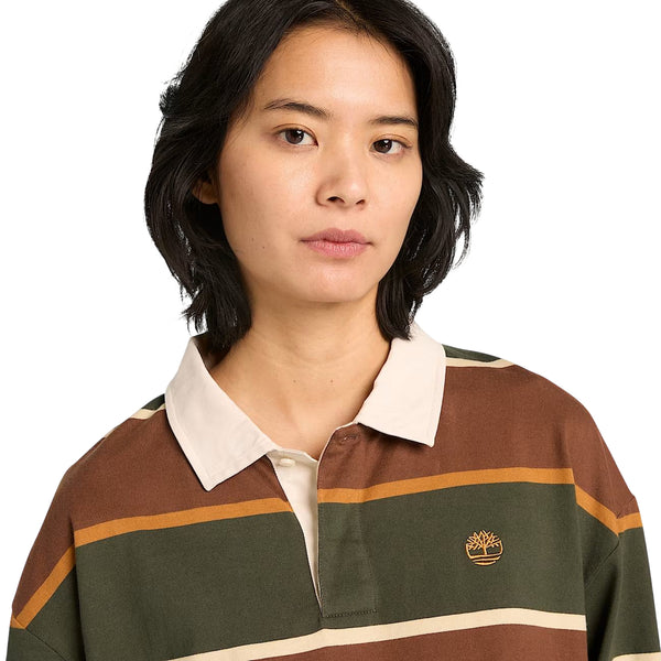 Polo a righe unisex verde scuro e marrone scuro