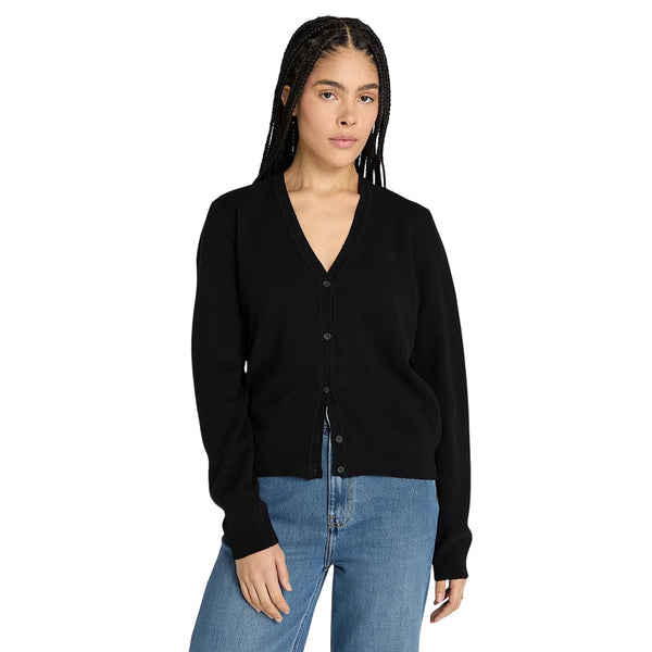 Cardigan Donna in lana merino Nero modella frontale