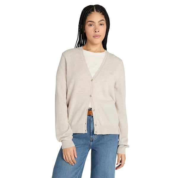 Cardigan Donna in lana merino Beige modella frontale