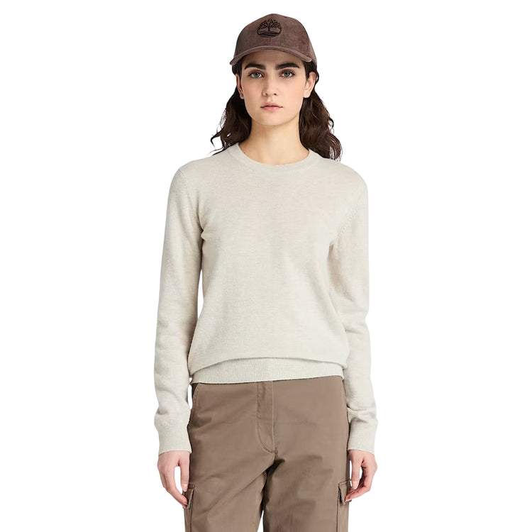 Maglione Donna Girocollo in lana merino Beige modella frontale 