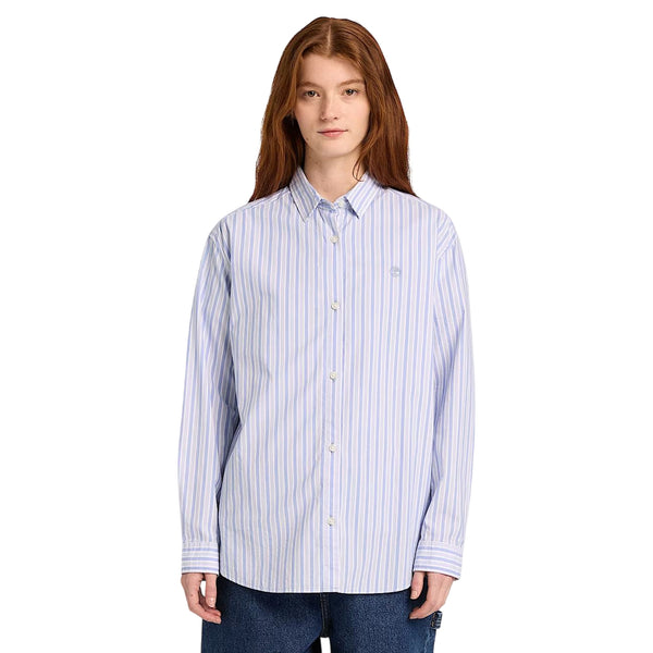 Camicia in cotone multirighe azzurra e bianca con logo ricamato