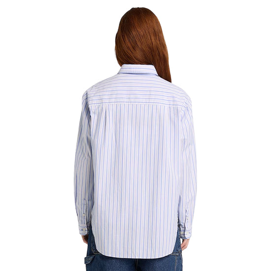 Camicia in cotone multirighe azzurra e bianca con logo ricamato