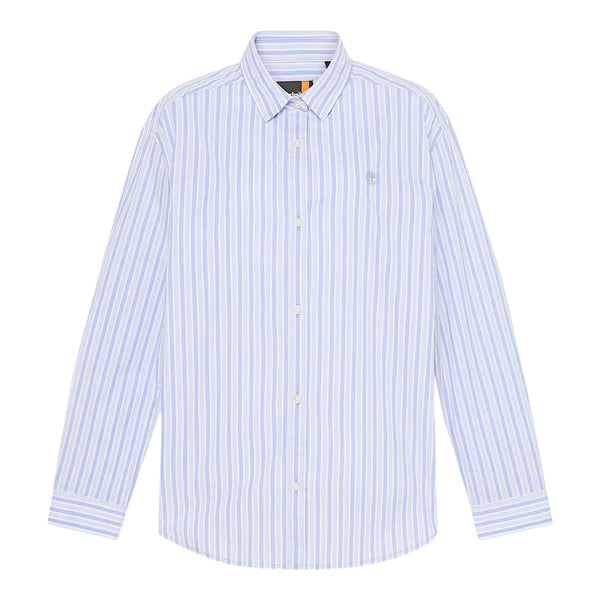 Camicia in cotone multirighe azzurra e bianca con logo ricamato