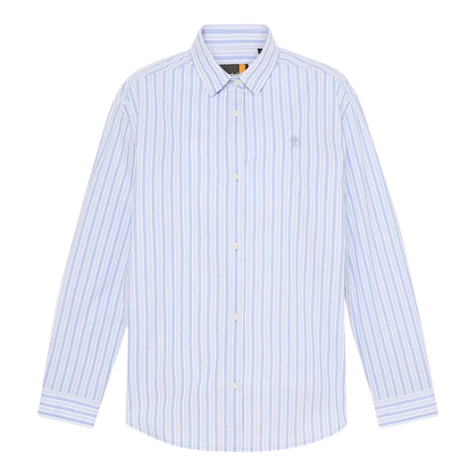 Camicia in cotone multirighe azzurra e bianca con logo ricamato