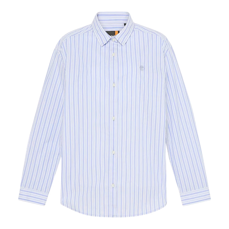 Camicia in cotone multirighe azzurra e bianca con logo ricamato