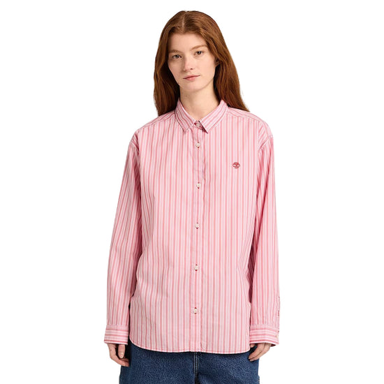 Camicia in cotone da donna multirighe in rosa con logo ricamato