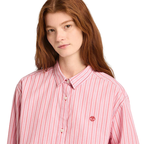 Camicia in cotone da donna multirighe in rosa con logo ricamato
