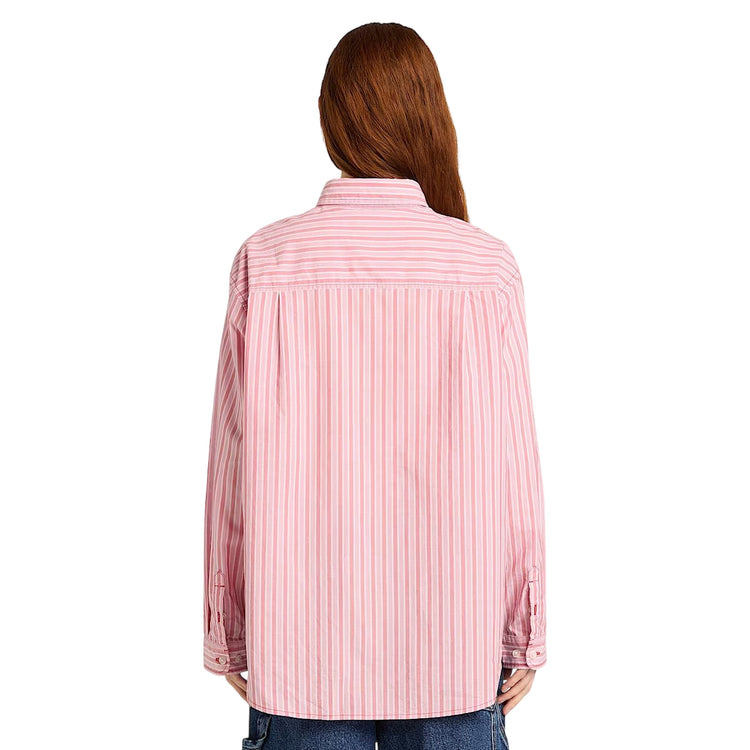 Camicia in cotone da donna multirighe in rosa con logo ricamato