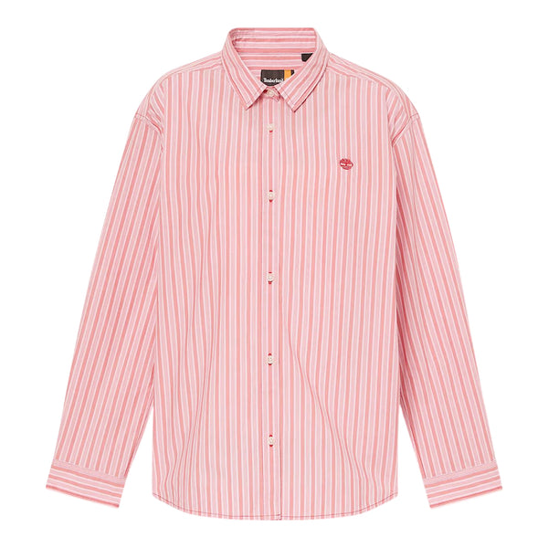 Camicia in cotone da donna multirighe in rosa con logo ricamato