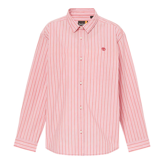 Camicia in cotone da donna multirighe in rosa con logo ricamato