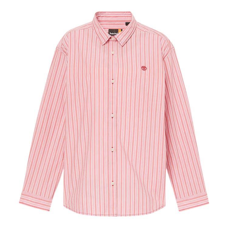 Camicia in cotone da donna multirighe in rosa con logo ricamato