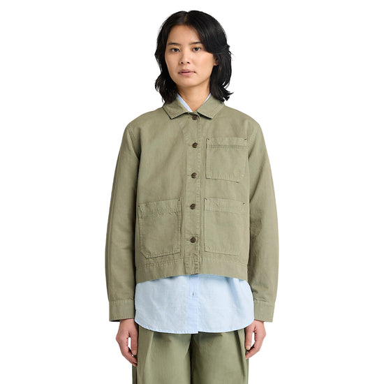 Giacca Utility Donna in cotone e lino Verde  modella frontale
