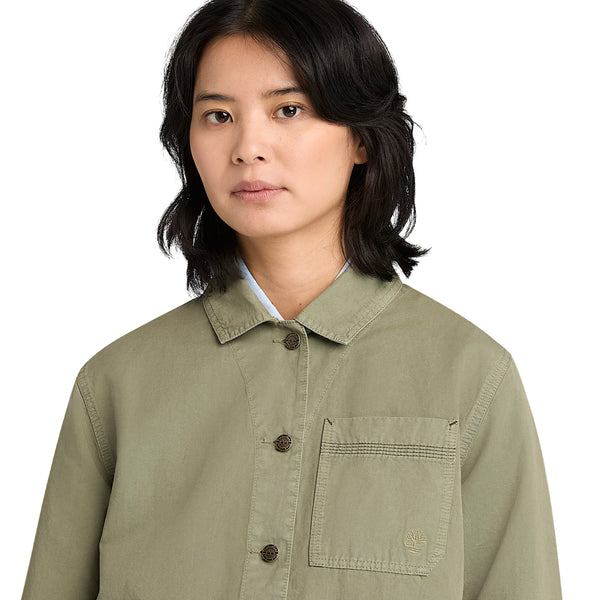 Giacca Utility Donna in cotone e lino Verde modella ravvicinata