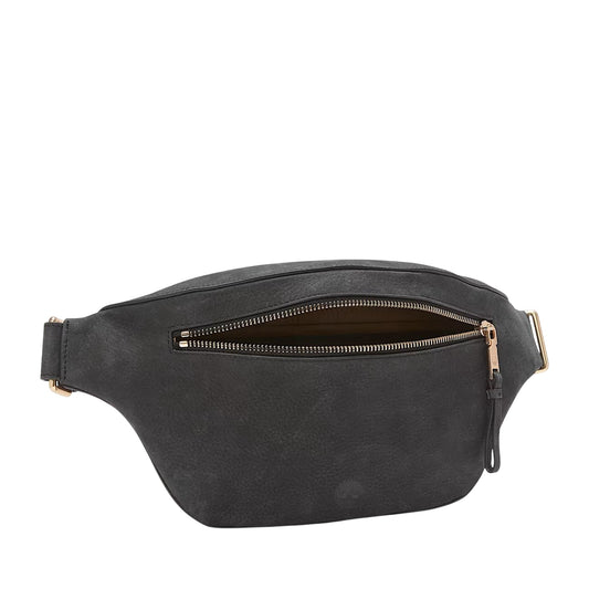 Borsa a marsupio in pelle nera con logo inciso